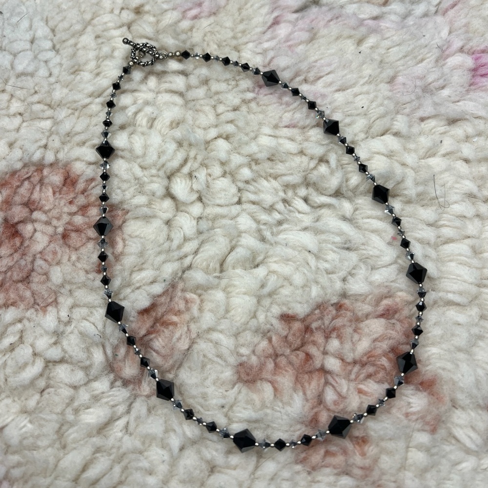 Elegant Black & Silver Faceted Beaded Necklace - 18” | Classic Crystal Statement